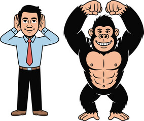 Cartoon man covering ears, strong gorilla pose, humorous character contrast, expressive illustration, playful design, fun animal-human cartoon scene