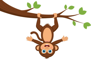 Cartoon monkey hanging upside down from tree branch, playful animal character, cheerful jungle wildlife mascot, kids education, cad drawing flat vector illustration
