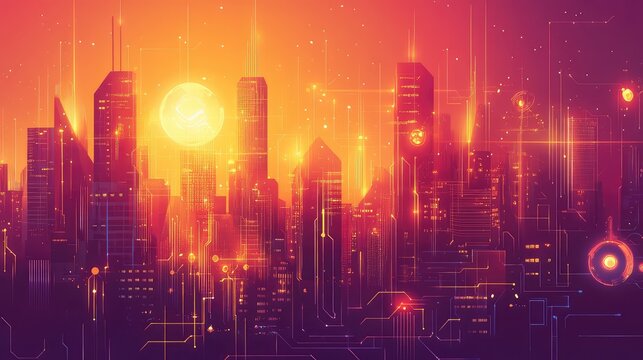 Futuristic city establishing global network connections and digital data transmission