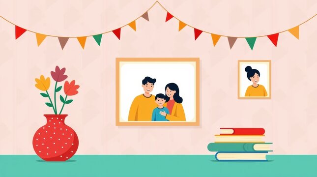 Cozy room interior with family portrait and flowers - Powered by Adobe