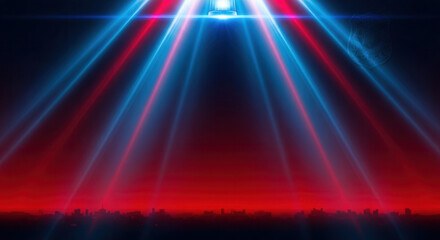 Dramatic police emergency lights sweep across a city skyline creating an urgent atmosphere for crime scene investigations or urgent alerts