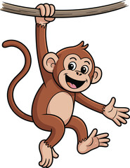 Cartoon monkey hanging, cheerful jungle animal, smiling character, swinging pose, brown fur, vector illustration, white background, playful expression, kids art