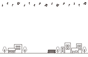 音符と街並みのモノクロフレーム（上下あしらい）