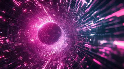 Digital planet travelling through a vibrant data tunnel