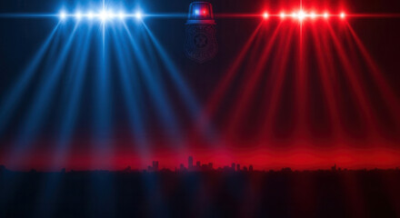 Dramatic police lights illuminate city skyline at night evoking urgency and law enforcement presence for urgent news or crime scene coverage
