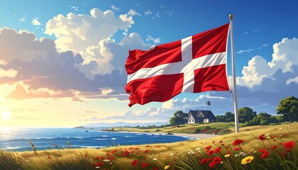 A vibrant image depicts a flag waving in the breeze above a seaside landscape, with a charming house and sunny sky