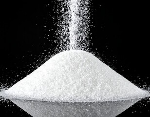 White substance being poured onto a pile on a reflective surface