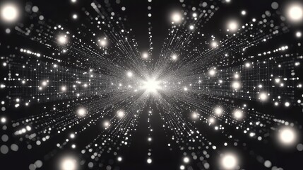 Digital data network connecting grid lines with illuminated particles