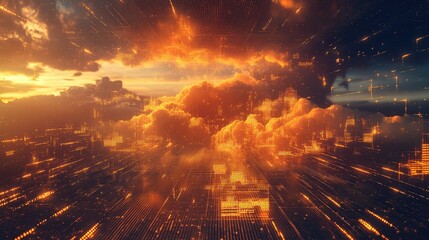 Digital city accessing cloud computing data at sunset