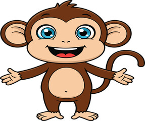 Cartoon monkey standing with arms open, cheerful primate character illustration, children’s book animal artwork, playful design, cad drawing flat vector illustration