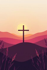 Christian cross silhouette on hilltop at sunset