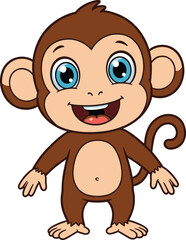 Cartoon monkey standing with big eyes, cheerful primate character illustration, children’s book animal artwork, playful design, cad drawing flat vector illustration