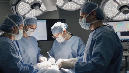 Surgical team performing a complex operation in a brightly lit operating room.