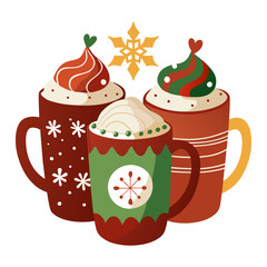 Festive Holiday Beverages Vector Illustration Collection: Cozy Winter Mugs, Hot Chocolate, Cocoa with Cream, and Snowflake Design.