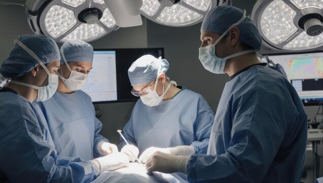 Surgical team performing a complex operation in a brightly lit operating room.
