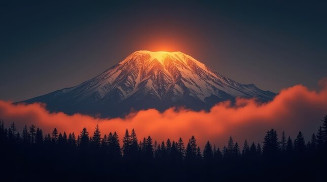 Majestic mountain peak illuminated by golden sunset light above dramatic clouds - Powered by Adobe