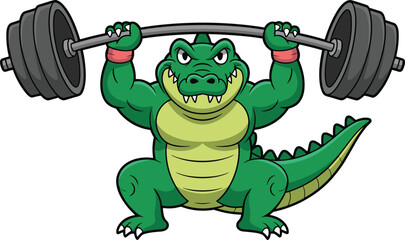 Cartoon muscular alligator lifting barbell, squatting pose, determined expression, fitness character illustration, strong animal art, white background scene