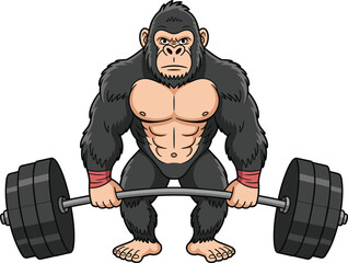 Cartoon muscular gorilla lifting barbell, serious expression, fitness character illustration, strong animal pose, gym theme, white background art