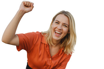 Fototapeta premium Excited woman celebrating success isolated on transparent background