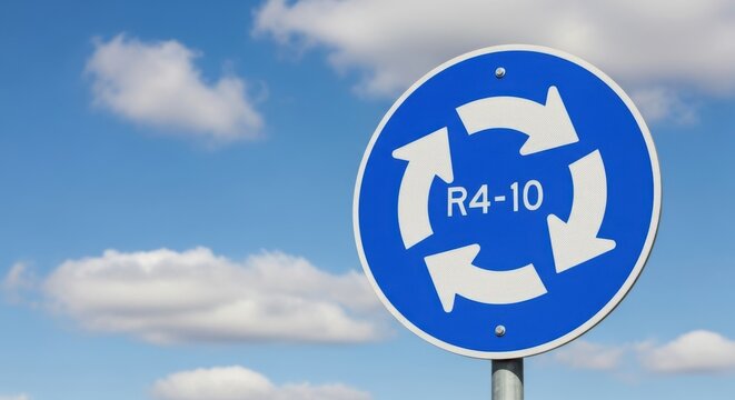Blue roundabout sign with white arrows and code r4 10 against sky