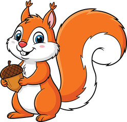 Cartoon orange squirrel holding acorn, cute animal mascot illustration, playful woodland character design, cheerful vector artwork for children’s books