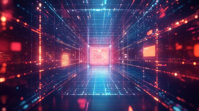 Digital data flowing through abstract futuristic technology tunnel