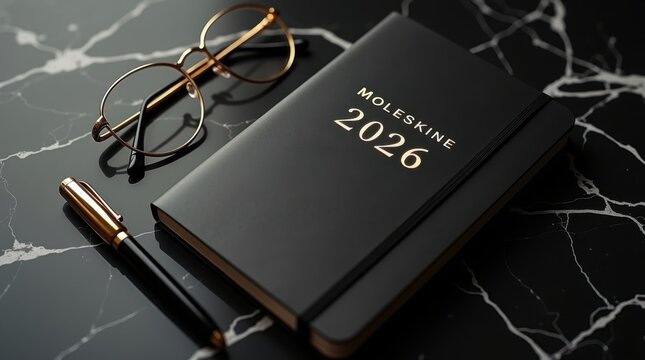 Moleskine 2026 planner with glasses and pen on marble surface