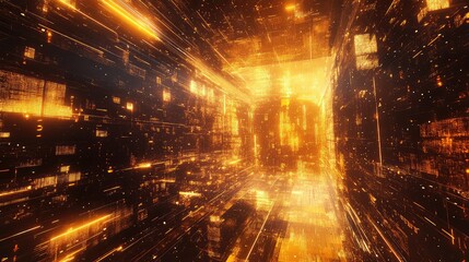 Digital data stream flowing through abstract orange technology tunnel