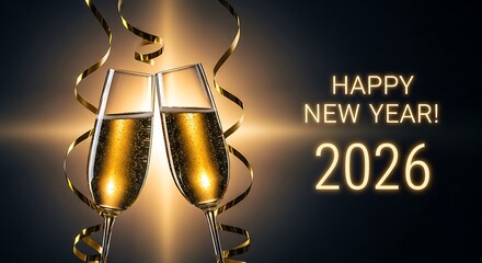 Two champagne glasses clinking together with golden streamers and happy new year 2026 text illuminated