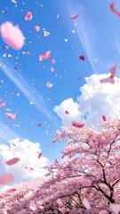 A vibrant image of pink flower petals drifting from blossoming trees against a bright blue sky filled with fluffy white clouds