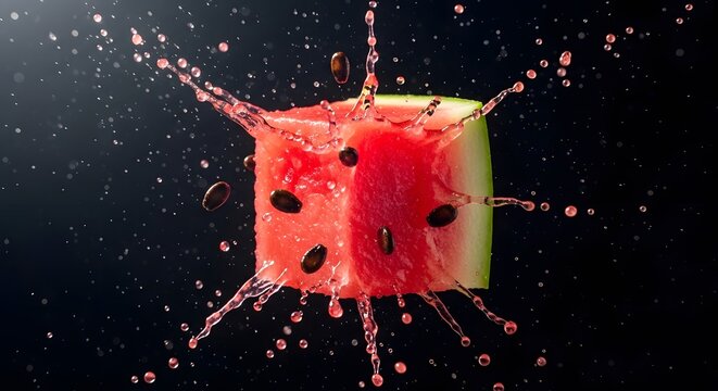 Watermelon Explosion: Cube Slice with Splashing Juice and Seeds on Black Backdrop