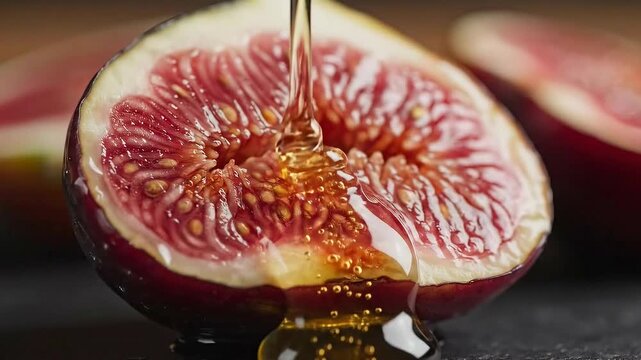 Close-up of fresh fig with honey dripping, showcasing texture and detail for culinary use