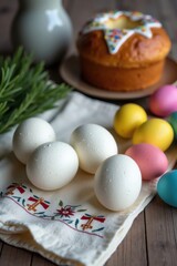 Easter celebration with decorated cake and colorful eggs on a rustic table