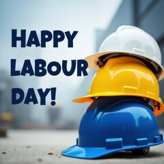 Happy labour day greeting with stacked hard hats on construction site