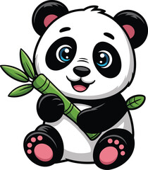 Cartoon panda with bamboo, cute animal character, blue eyes, pink paws, cheerful expression, green leaves, white background, children’s illustration