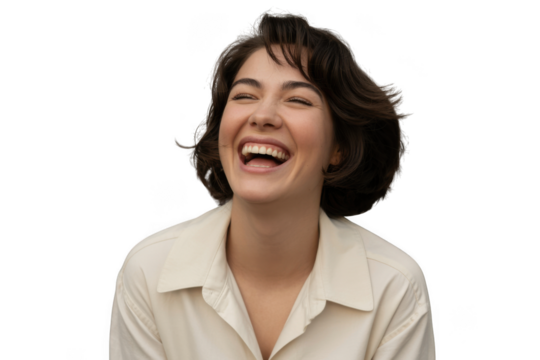 Young woman laughing joyfully, isolated on transparent background