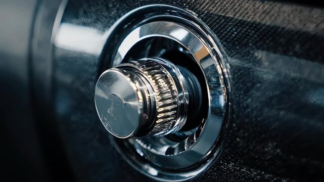 Close-up of a vintage chrome dial on a dark textured background.