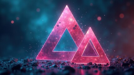 Two glowing pink geometric pyramids on a dark textured surface with cosmic background