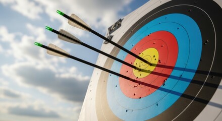 Archery arrows hit bullseye on target with cloudy sky background