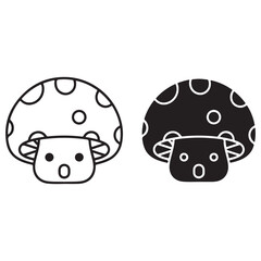 Cute Cartoon Mushroom Characters in Black and White Outline and Solid Styles
