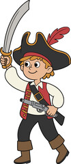 Cartoon pirate character, black hat, red feather, curved sword, pistol, cheerful expression, dynamic pose, children’s illustration, vector design