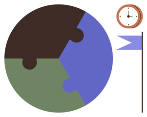 Circular Earth puzzle with colorful pieces, clock, and flag. Ideal for global unity, time management, teamwork, goal setting, problem-solving global achievement and planning. A simple flat metaphor