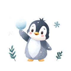 Fototapeta premium Cute penguin holding a snowball in winter scenery.