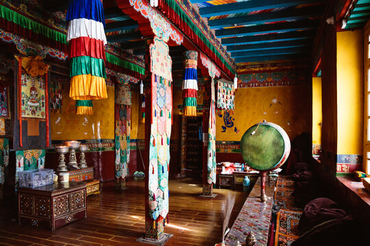 Interior of small buddhist monastery, Tibet