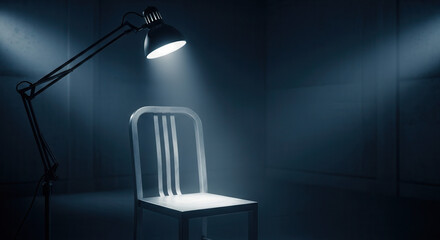 Intense interrogation scene with a single chair under a spotlight creating dramatic shadows and a sense of mystery and suspense