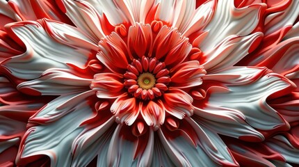 Close up of a vibrant red and white striped dahlia flower in full bloom