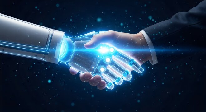 A futuristic handshake between a human businessman and an advanced robot, symbolizing partnership, trust, and the fusion of technology with humanity