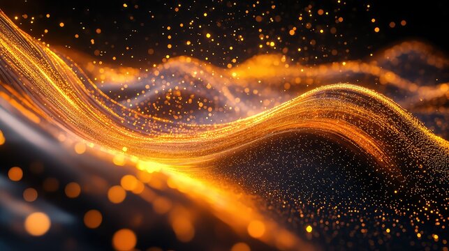 Flowing golden particles creating abstract wave patterns - Powered by Adobe