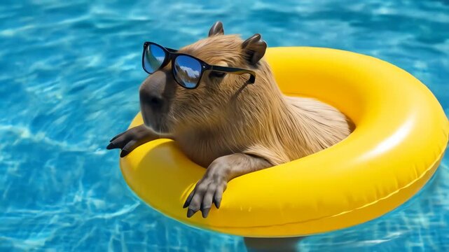 Capybara Floating Peacefully in Blue Pool Wearing Sunglasses and a Yellow Floatation Device for Sunny Water Relaxation