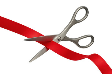 Scissors cutting red ribbon symbolizing grand opening, new business inauguration, ceremony, beginning, success, event